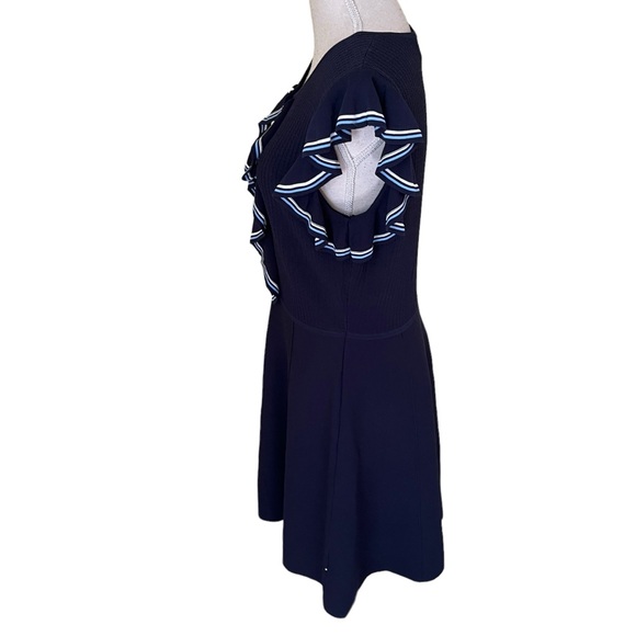 Lela Rose Pearl Navy Blue Ruffle Front Pearl Button Knit Dress L - Picture 9 of 16